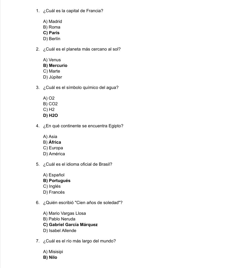 Ejemplo de formato tipo test
